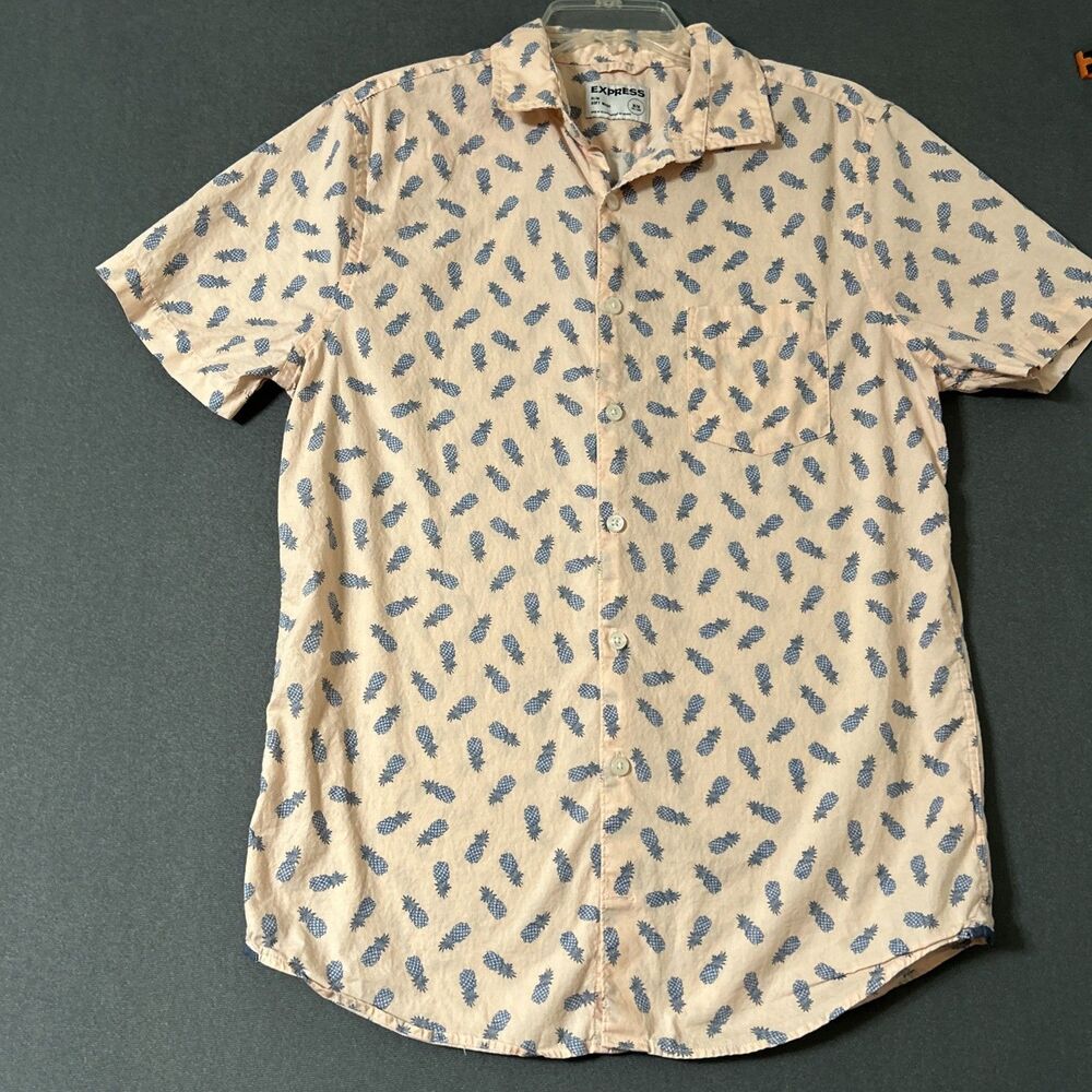Express Mens Short Sleeve Pineapple Print Button Shirt Slim Pink Sz M
